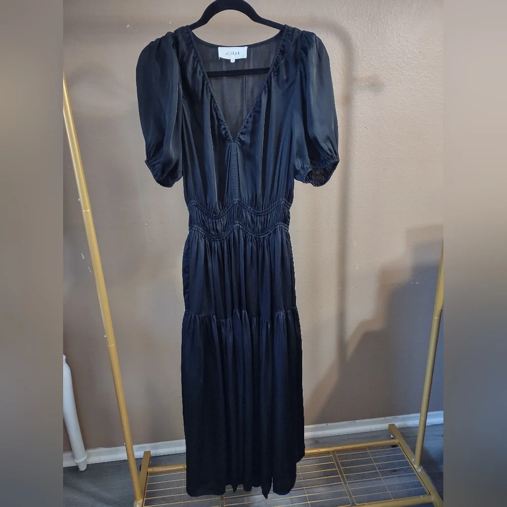 THE GREAT. Black Satin Tiered Maxi Dress - Picture 4 of 13